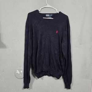 Polo Ralph Lauren Mens V Neck Sweater Navy Blue Pima Cotton XL Red Pony